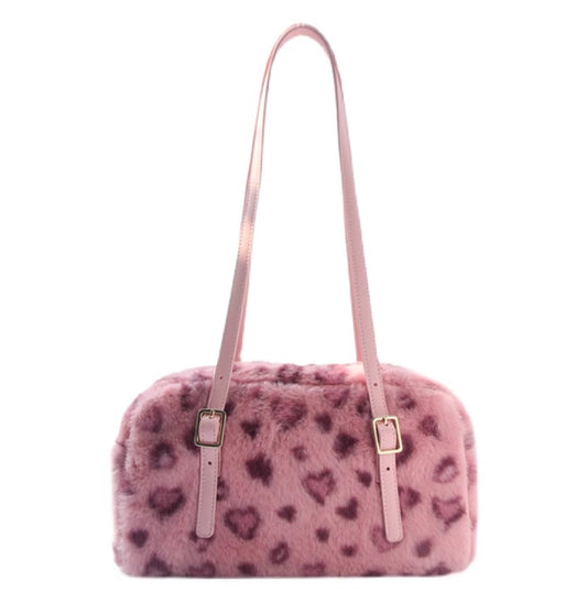Hot Pink Leopard Pattern Fur Plush Women Large Capacity Messenger Bag