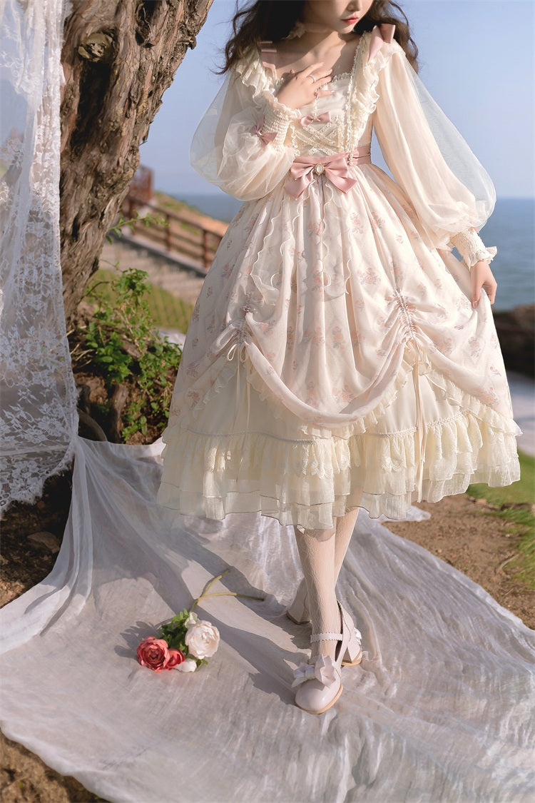 cream pink dress Cream White Casual Midi Dress with Floral Print Cream White Floral / XSmall