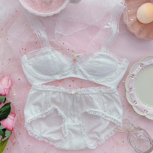 European French Lace White Rose Bow Flower Floral Nature Girl Fashion Undies Underwear Two Piece Lingerie Set