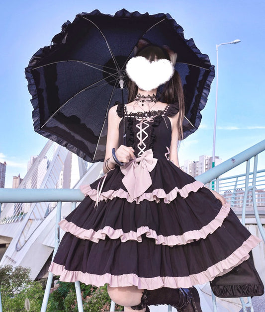 Harajuku Sweet Girl Ruffled Collar Neko Cat Ears Bow Black Pink Layered Dress