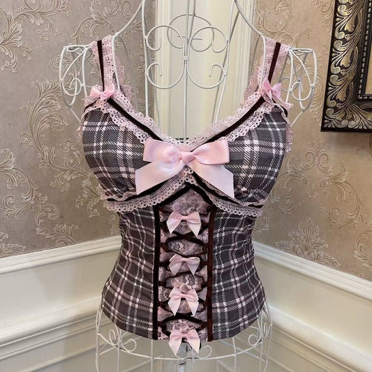 Sweetheart Princess Black Pink Plaid Coquette Camisole Tank Top 