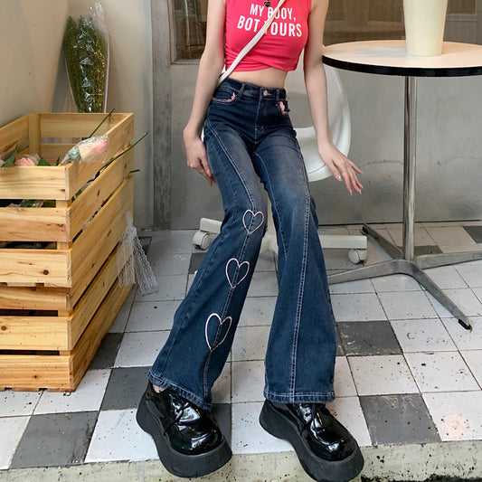 Plus Size Women Retro American Style Trendy Stylish Street Sexy Heart Boot Cut High Waist Jeans Pants