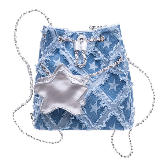 Y2K Denim Silver Star Tassel Bag Bucket Backpack