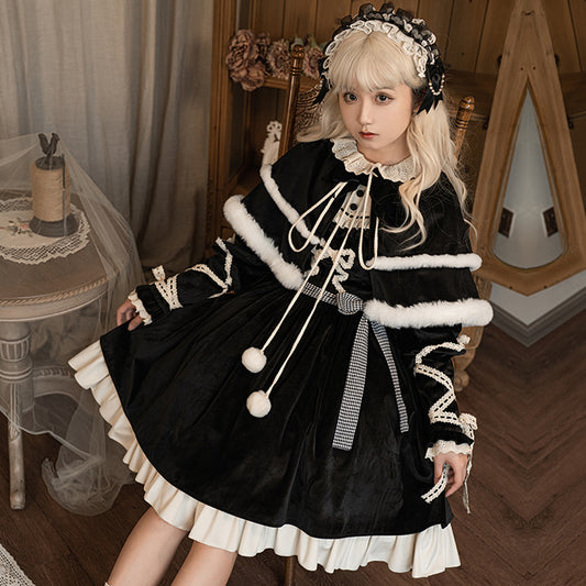 Japanese Gothic Girl Women Winter Autumn Ruffle Bow Fluffy Ribbon Black Dress Coat Cloak Two Piece Set