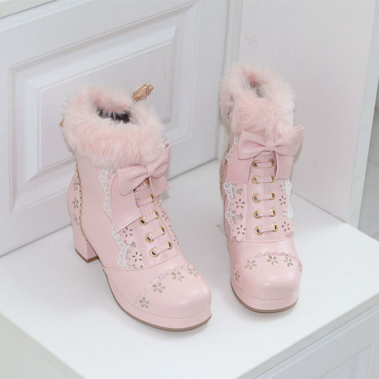 Japanese Sweet Princess Bow Decorated Fur White Cream Pink Black Winter High Heels Boots