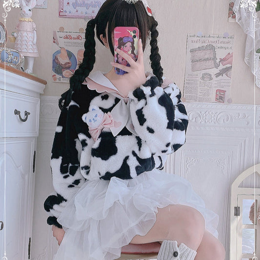 Cow Pattern Black White Pink Sailor Collar Plush Jacket Coat
