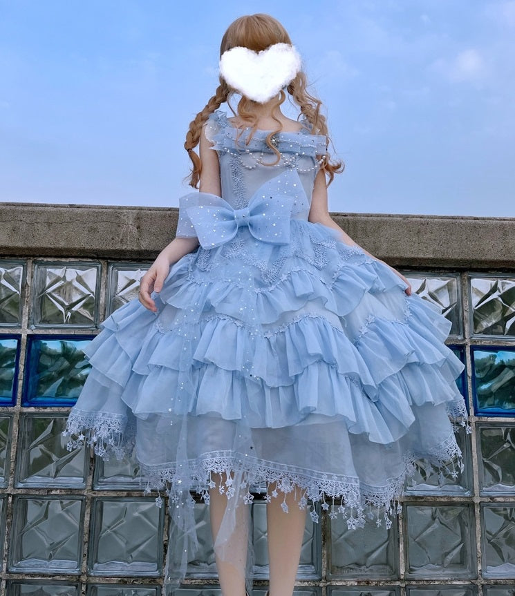 Cinderella Ruffled Princess Snowflake White Blue Dress Blue / S Cinderella Ruffled Princess Snowflake White Blue Dress Blue / S