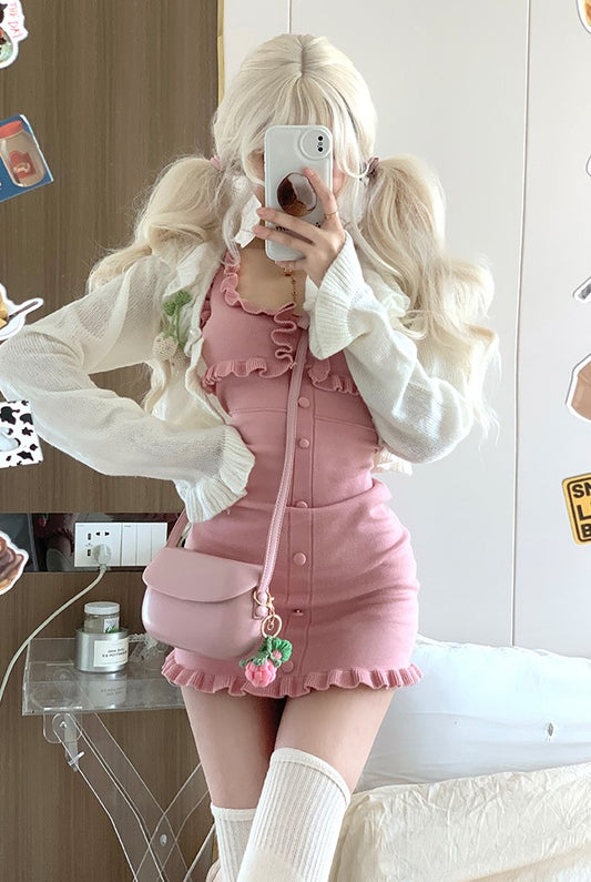 Korean Sexy Cute Pink Ruffle Dress with White Strawberry Cardigan Two Piece Set