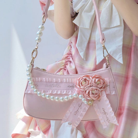 Sweet Heart Dream Rose Flower Shoulder White & Pink Underarm Bag