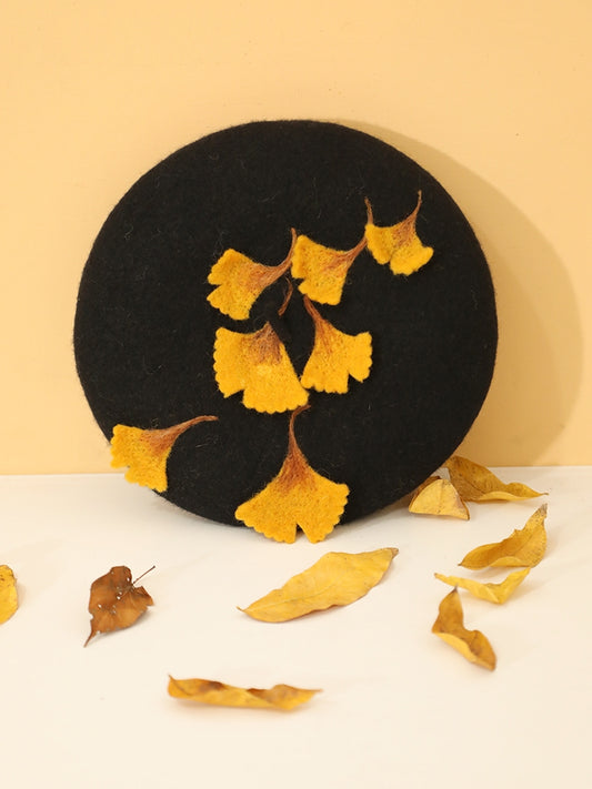 Cute Handmade Ginkgo Leaf & Fallen Autumn Leaves Wool Beret Hat