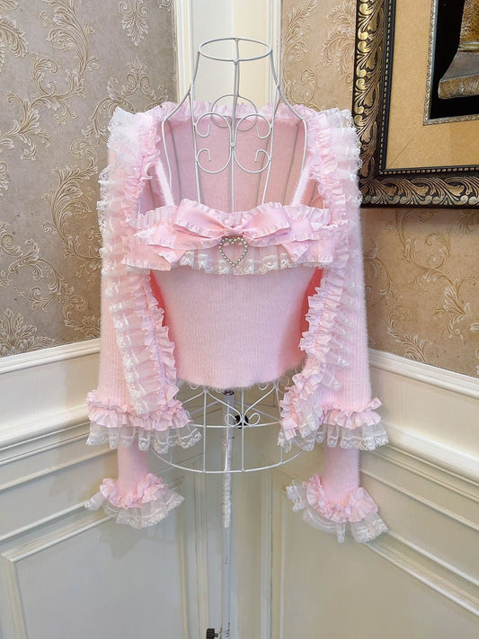 Sweetheart Princess Vintage Pastel Pink Camisole Top & Cardigan Two Piece Set