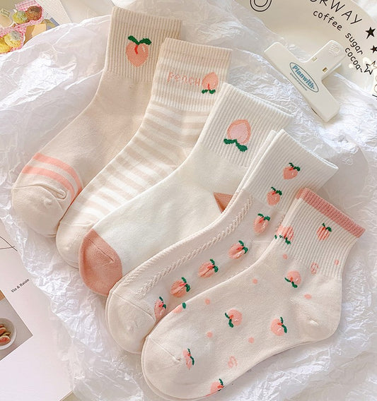 Japanese Girl Cute Autumn Pink Peach Pretty Sweet White Cotton Socks 5 Patterns Pairs Sets