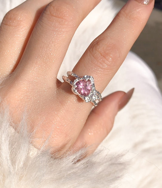 Luxury Pretty Modern Love Heart Pink Diamond Silver Ring