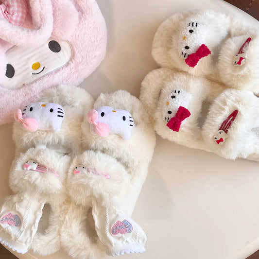 Plush Fluff Cat Kitty Pink Red Bow Furry Winter White Shoes Slippers